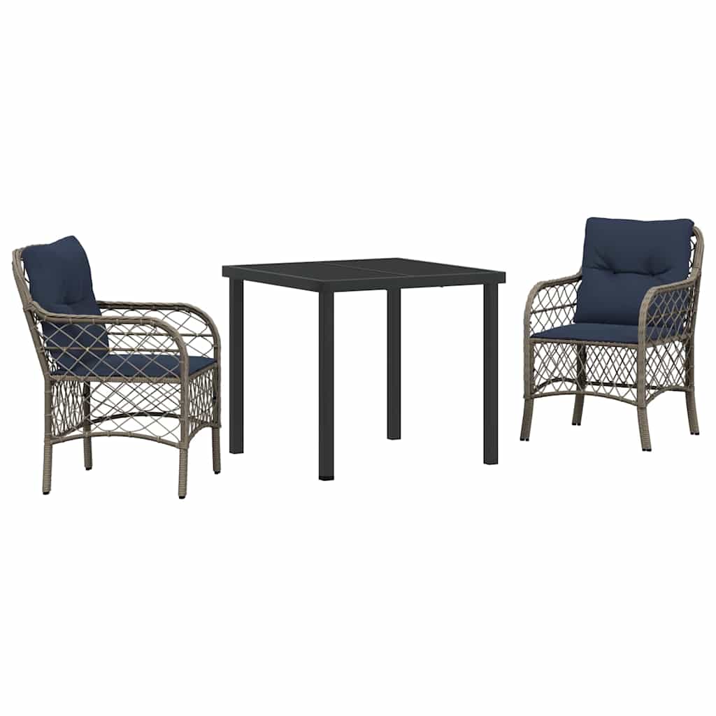 vidaXL Garden Dining Set with Cushion 3 pcs Grey and Black Rattan