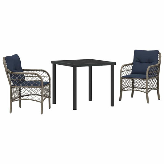 vidaXL Garden Dining Set with Cushion 3 pcs Grey and Black Rattan