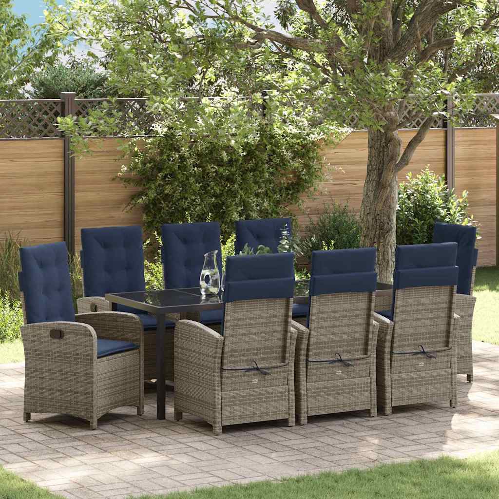 vidaXL Garden Dining Set with Cushion 9 pcs Grey Poly Rattan