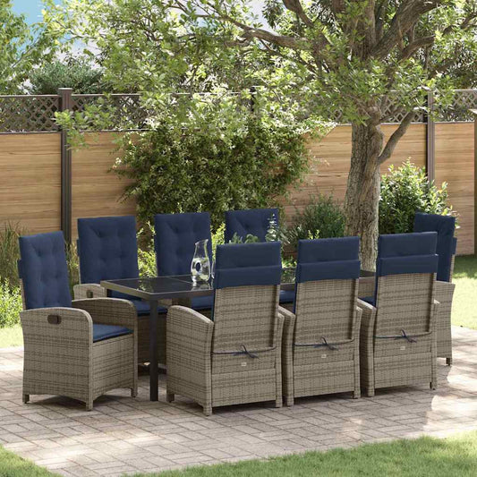 vidaXL Garden Dining Set with Cushion 9 pcs Grey Poly Rattan