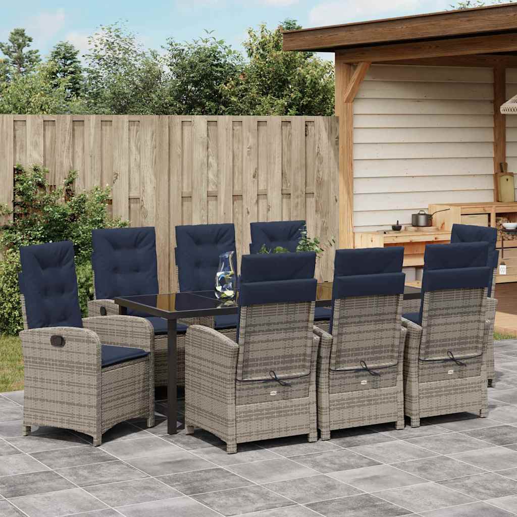 vidaXL Garden Dining Set with Cushion 9 pcs Grey Poly Rattan