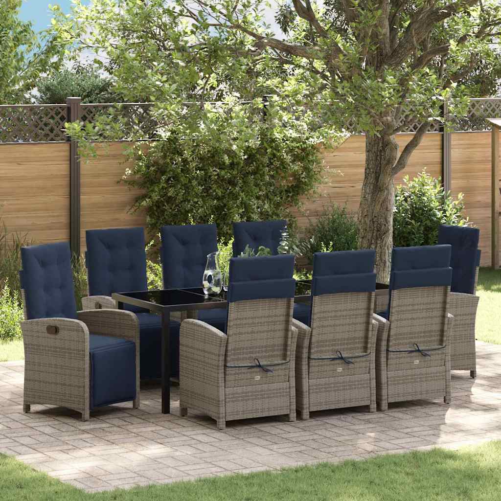 vidaXL Garden Dining Set with Cushion 9 pcs Grey Poly Rattan