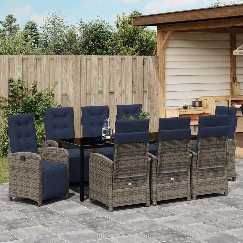 vidaXL Garden Dining Set with Cushion 9 pcs Grey Poly Rattan