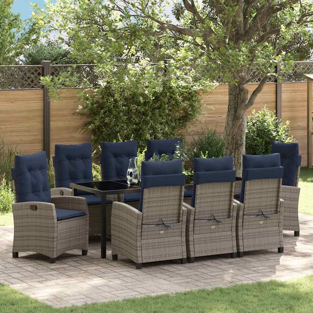 vidaXL Garden Dining Set with Cushion 9 pcs Grey Poly Rattan