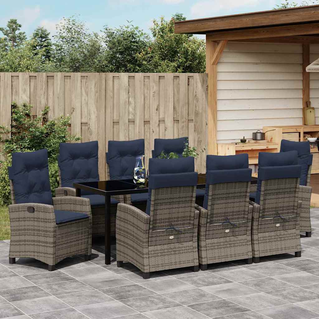 vidaXL Garden Dining Set with Cushion 9 pcs Grey Poly Rattan