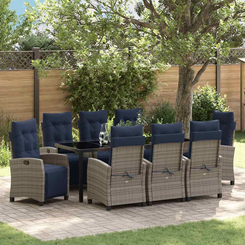 vidaXL Garden Dining Set with Cushion 9 pcs Grey Poly Rattan