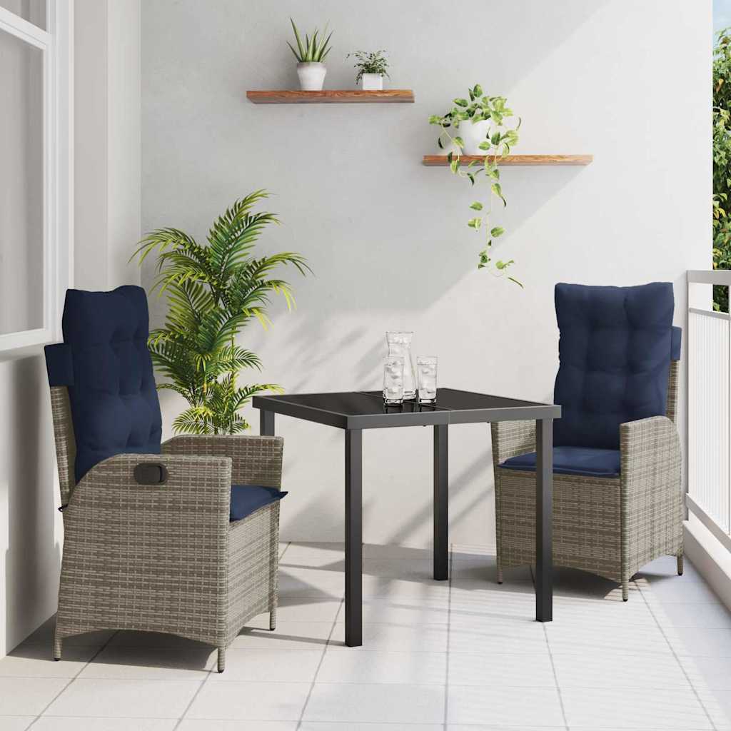 vidaXL Garden Dining Set with Cushion 3 pcs Grey and Black Rattan