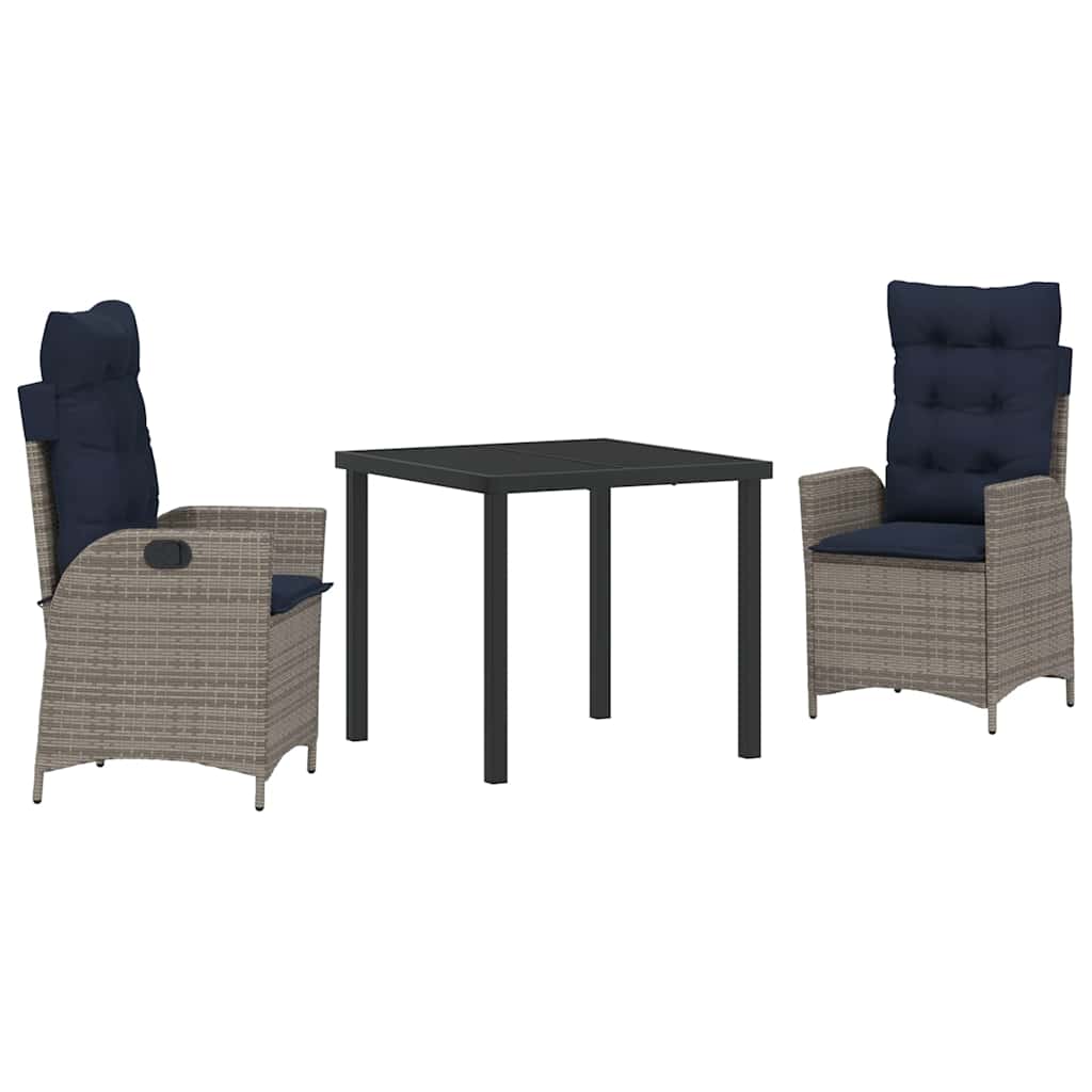 vidaXL Garden Dining Set with Cushion 3 pcs Grey and Black Rattan