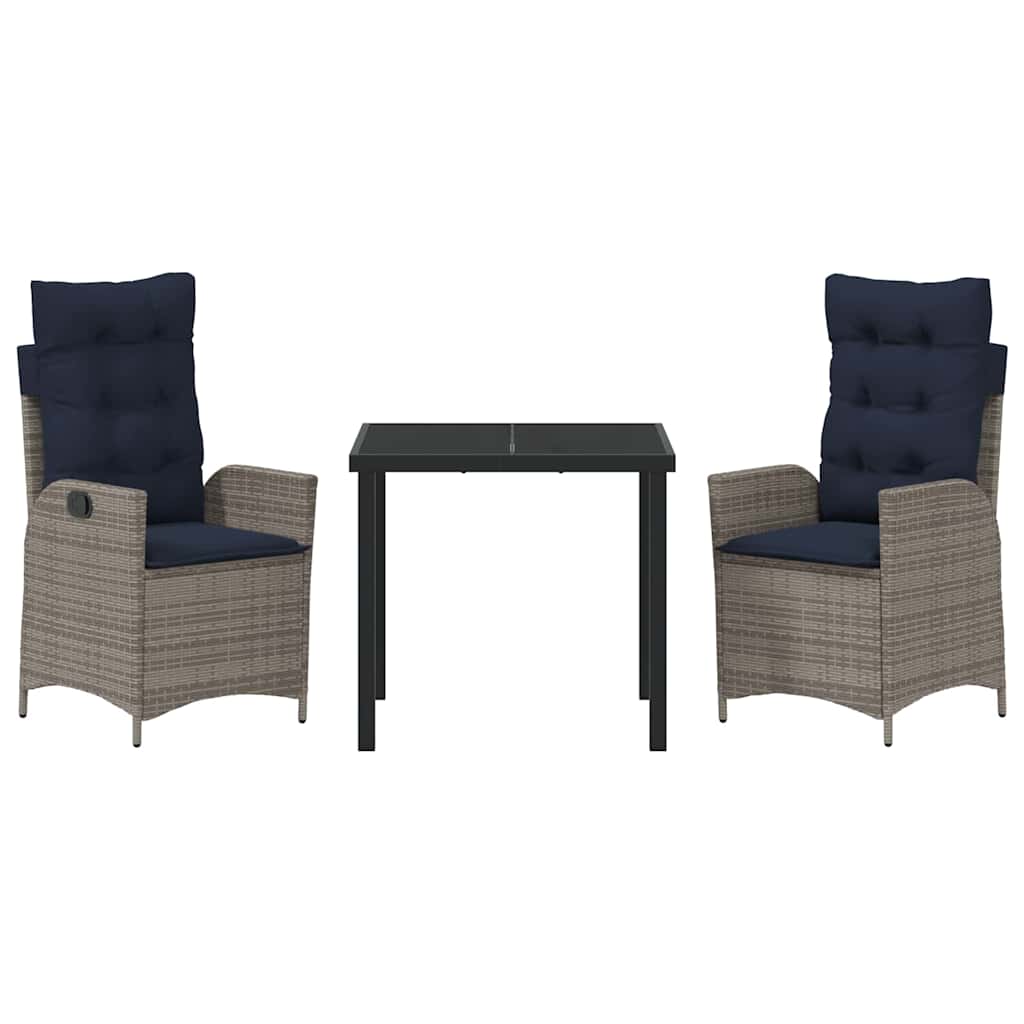 vidaXL Garden Dining Set with Cushion 3 pcs Grey and Black Rattan