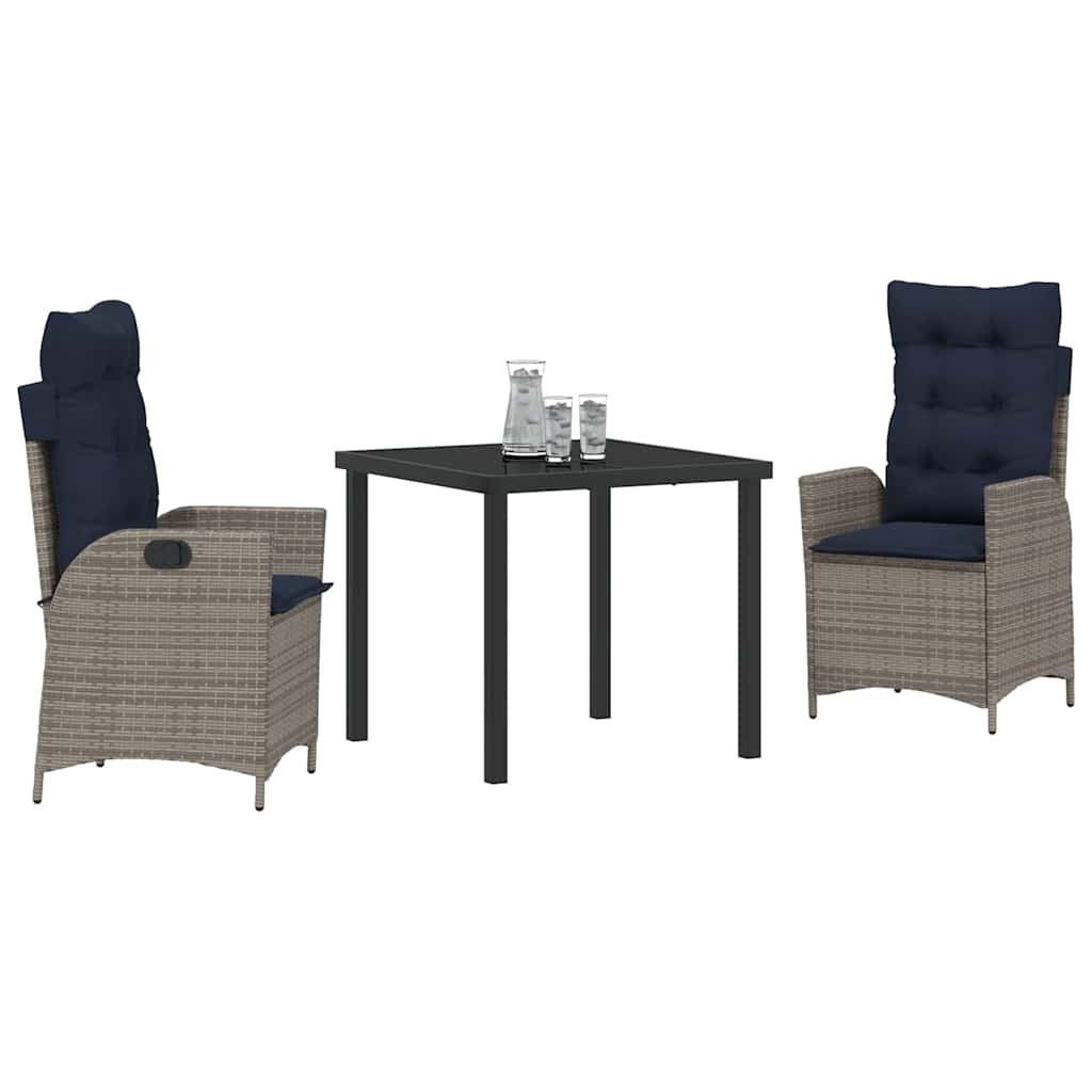 vidaXL Garden Dining Set with Cushion 3 pcs Grey and Black Rattan