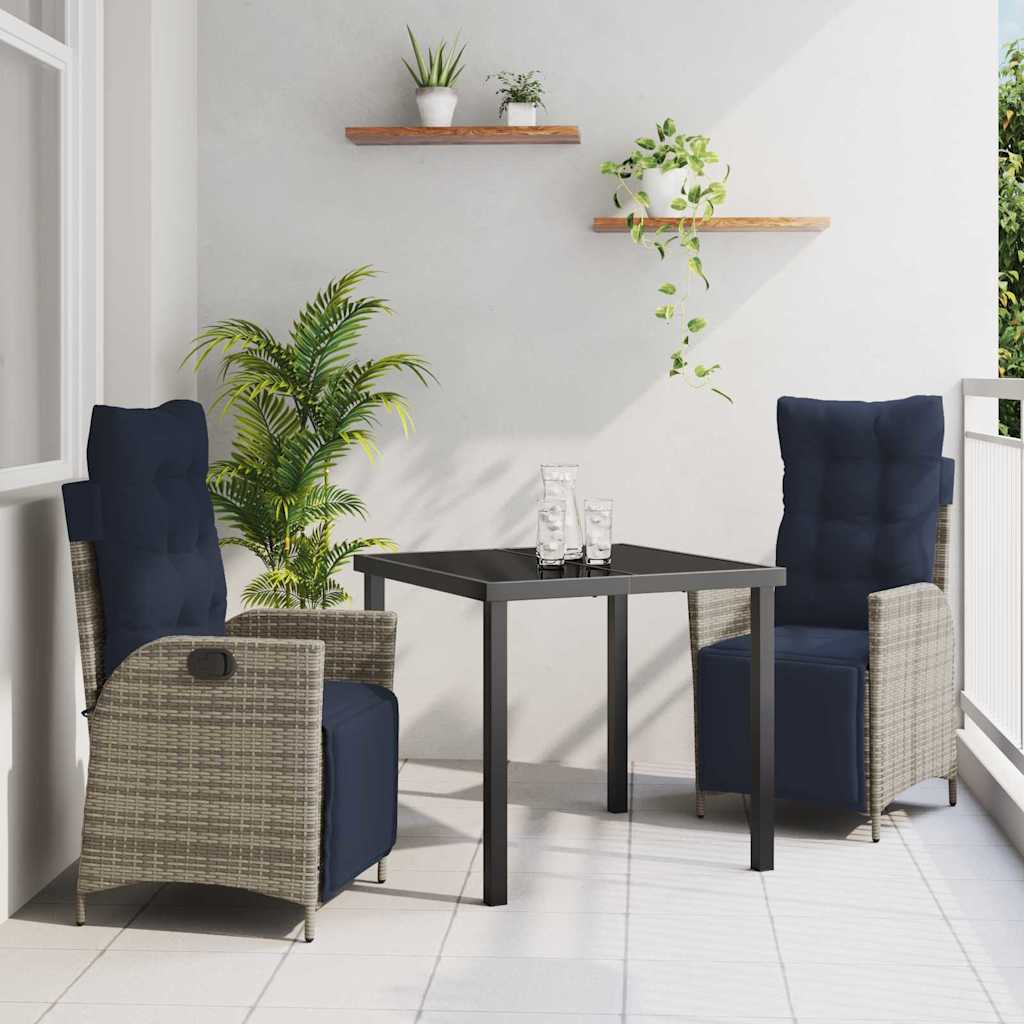 vidaXL Garden Dining Set with Cushion 3 pcs Grey and Black Rattan