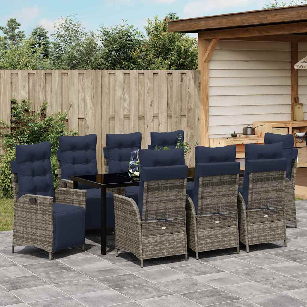 vidaXL Garden Dining Set with Cushion 9 pcs Grey and Black Rattan