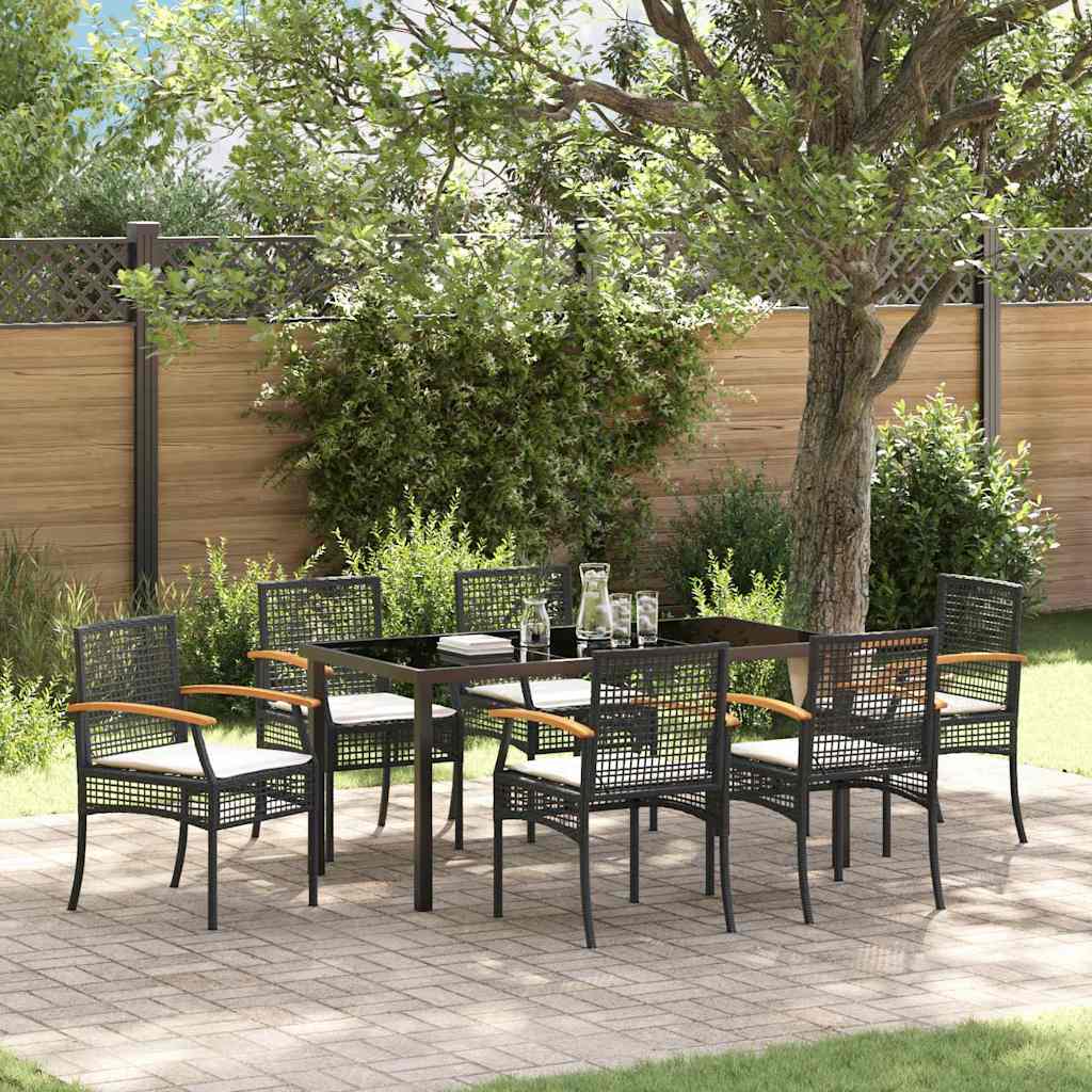 vidaXL 7 Piece Garden Dining Set with Cushions Black Poly Rattan