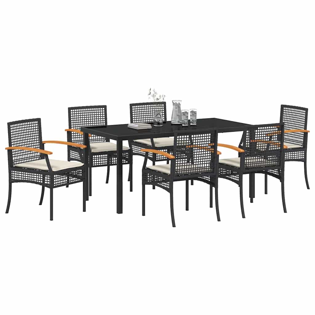 vidaXL 7 Piece Garden Dining Set with Cushions Black Poly Rattan