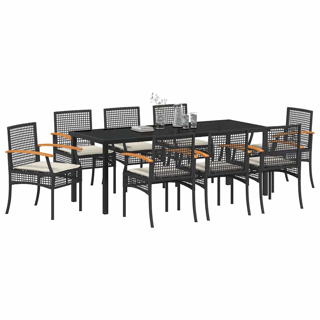 vidaXL Garden Dining Set with Cushion 9 pcs Black Rattan