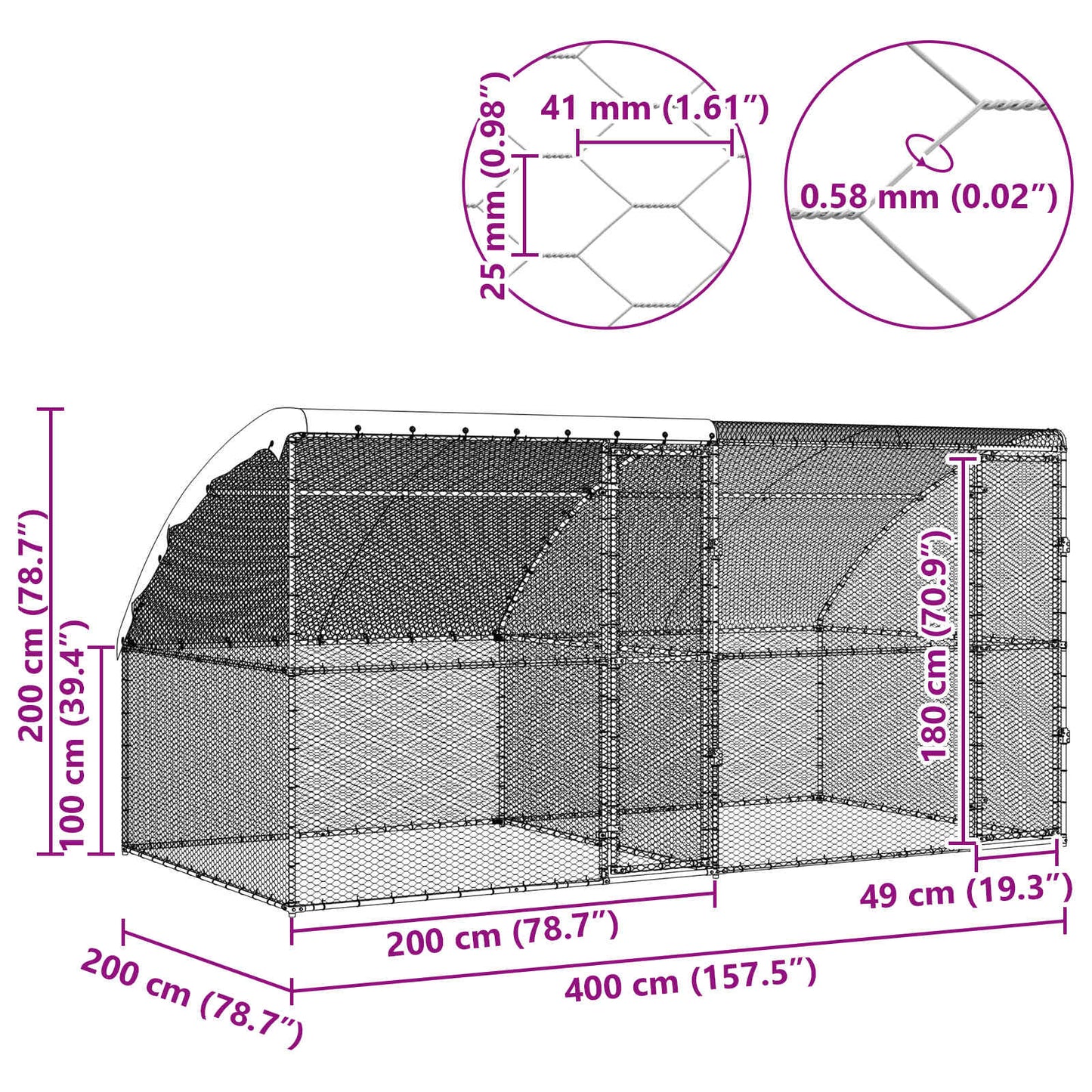 vidaXL Chicken Cage 2 pcs Silver 400 x 200 x 200 cm Steel and PE