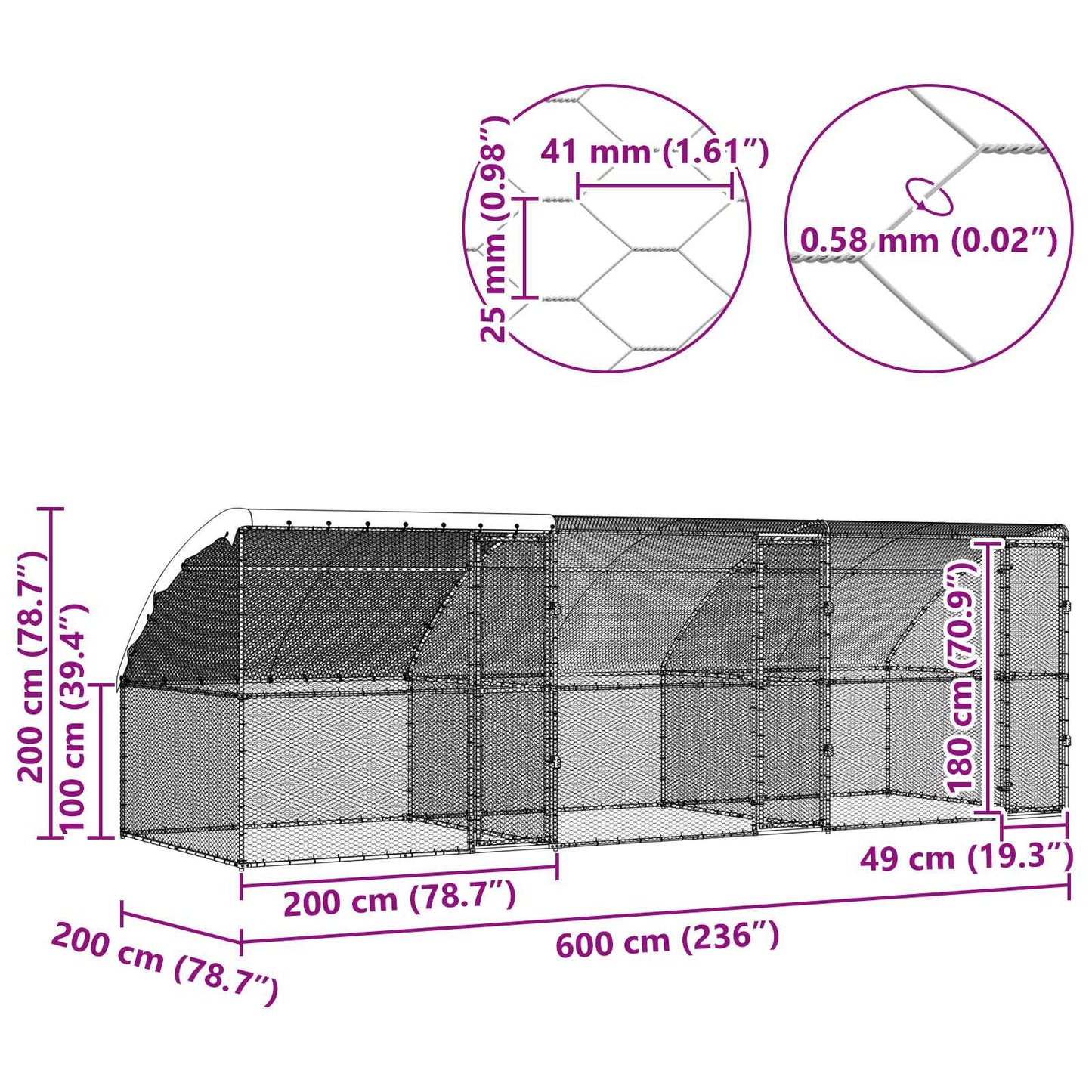 vidaXL Chicken Cage 3 pcs Silver 600 x 200 x 200 cm Steel and PE