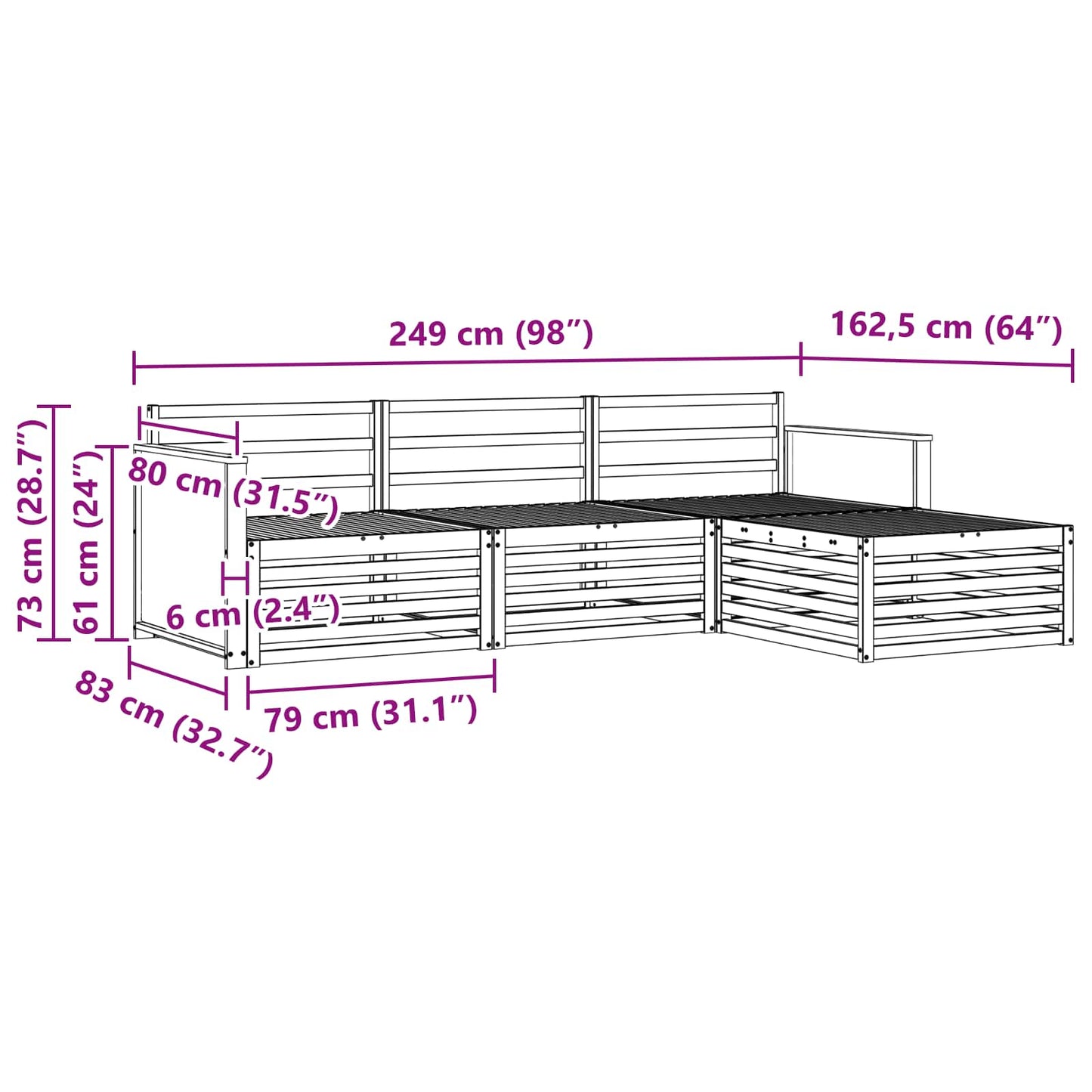 vidaXL Outdoor Sofa Set Natural 249 x 162.5 x 73 cm Solid Acacia Wood