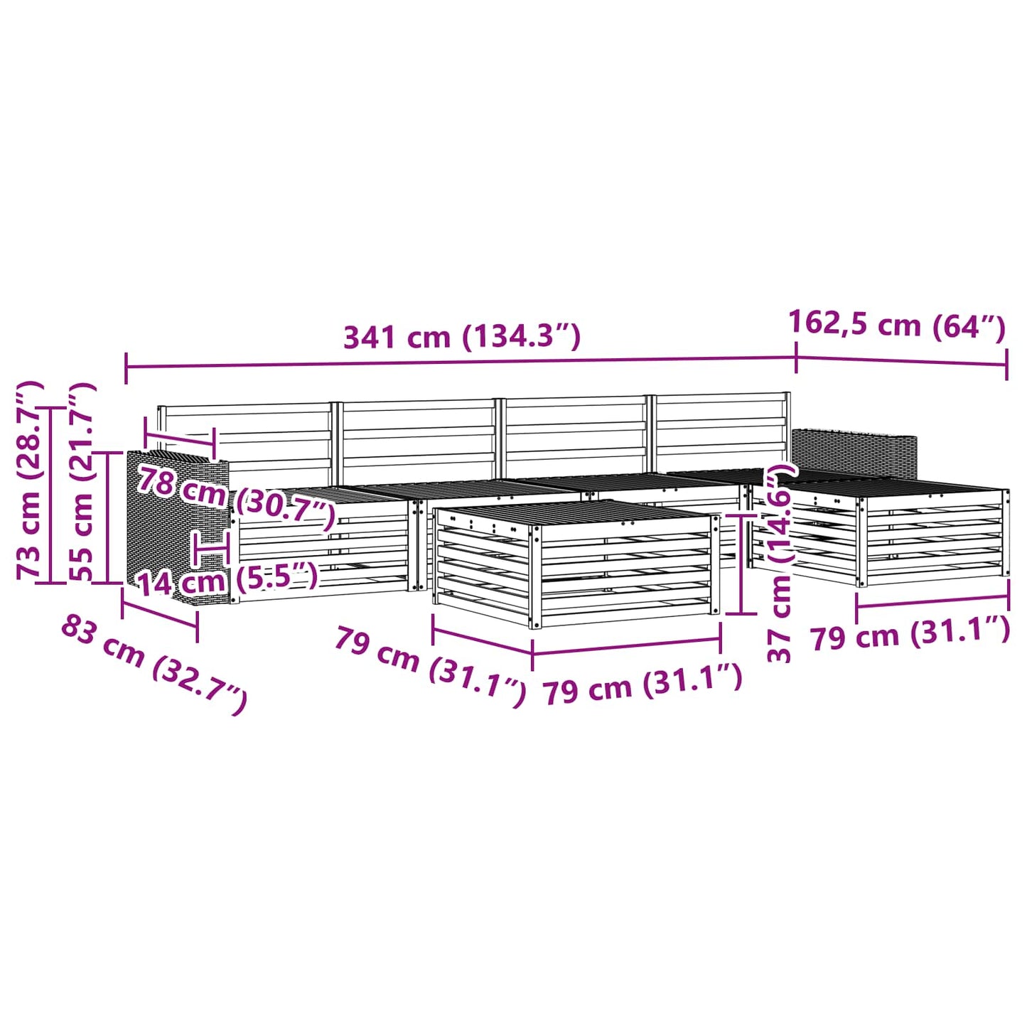vidaXL Outdoor Sofa Set 6 pcs Natural 79 x 79 x 37 cm