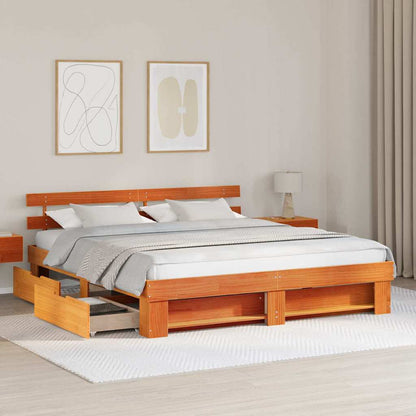 vidaXL Bed Frame with Headboard Wax Brown 200 x 200 cm Solid Pine Wood
