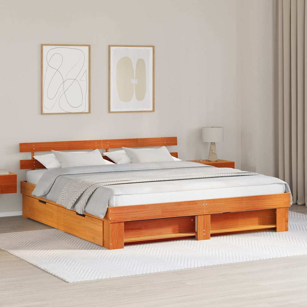 vidaXL Bed Frame with Headboard Wax Brown 180 x 200 cm Solid Pine Wood