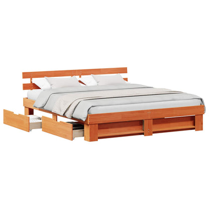 vidaXL Bed Frame with Headboard Wax Brown 180 x 200 cm Solid Pine Wood