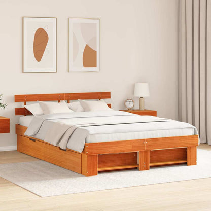 vidaXL Bed Frame with Headboard Wax Brown 160 x 200 cm Solid Pine Wood