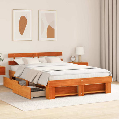vidaXL Bed Frame with Headboard Wax Brown 160 x 200 cm Solid Pine Wood