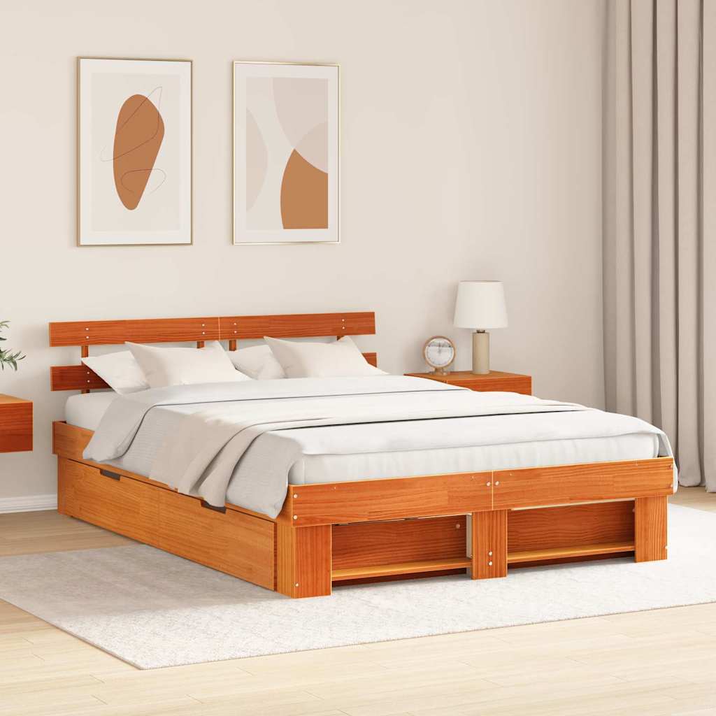 vidaXL Bed Frame with Headboard Wax Brown 140 x 200 cm Solid Pine Wood