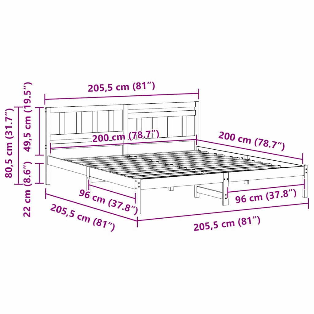 vidaXL Bed Frame with Headboard Wax Brown 200 x 200 cm Solid Pine Wood