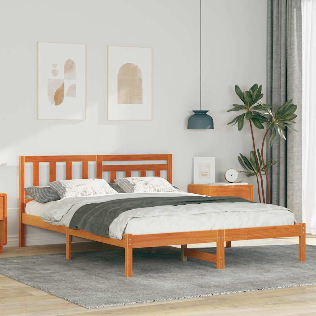vidaXL Bed Frame with Headboard Wax Brown 160 x 200 cm Solid Pine Wood