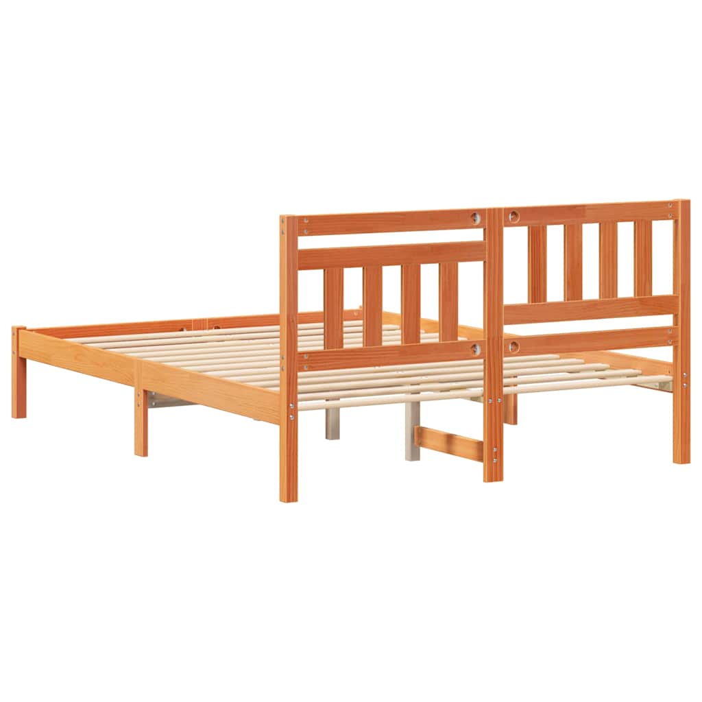 vidaXL Bed Frame with Headboard Wax brown 135 x 190 cm Solid pine wood