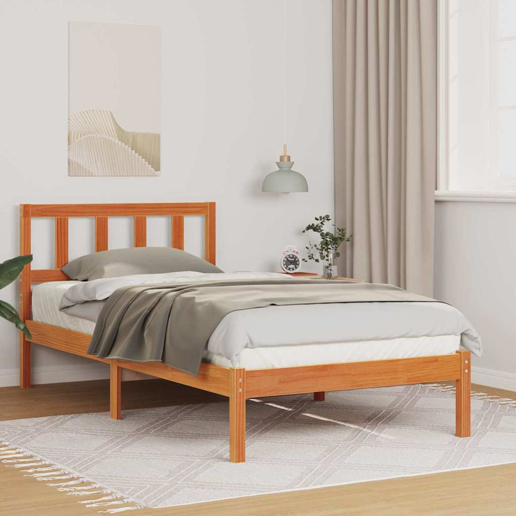 vidaXL Bed Frame with Headboard Wax Brown 100 x 200 cm Solid Pine Wood