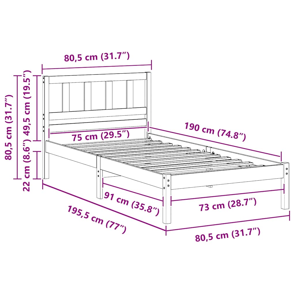 vidaXL Bed Frame with Headboard White 75 x 190 cm Solid Pine Wood