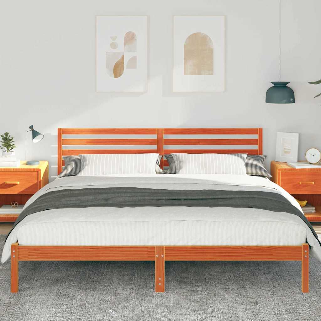 vidaXL Bed Frame with Headboard Wax Brown 200 x 200 cm Solid Pine Wood