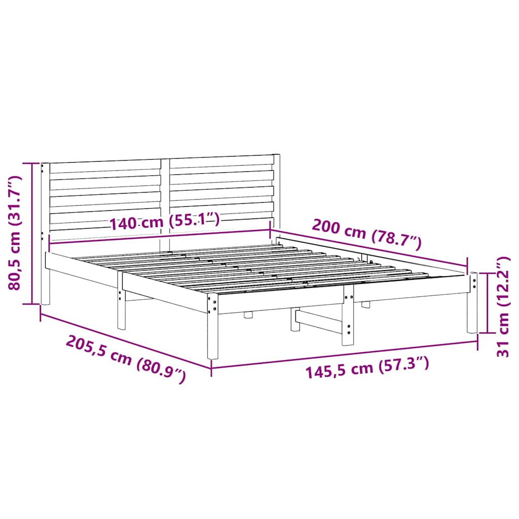 vidaXL Bed Frame with Headboard White 140 x 200 cm Solid Pine Wood