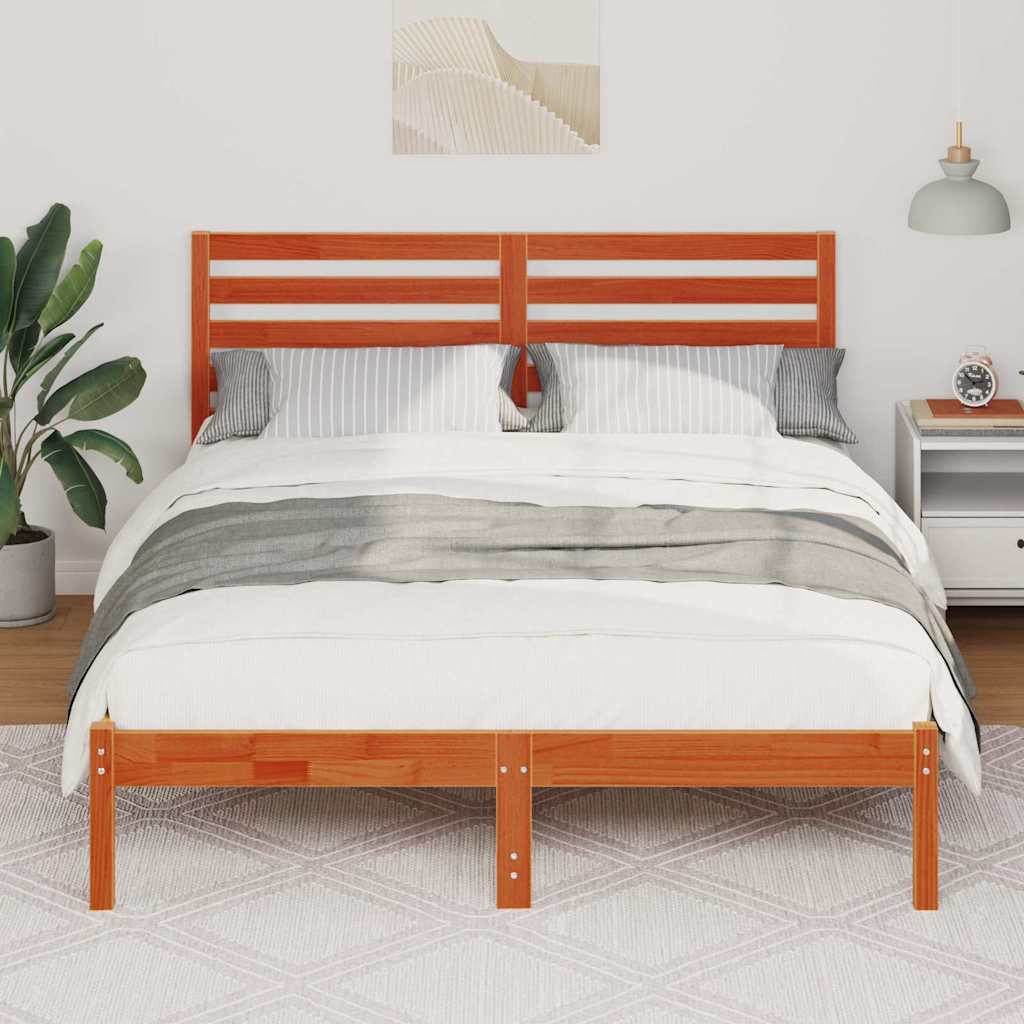 vidaXL Bed Frame with Headboard Wax Brown 135 x 190 cm Solid Pine Wood