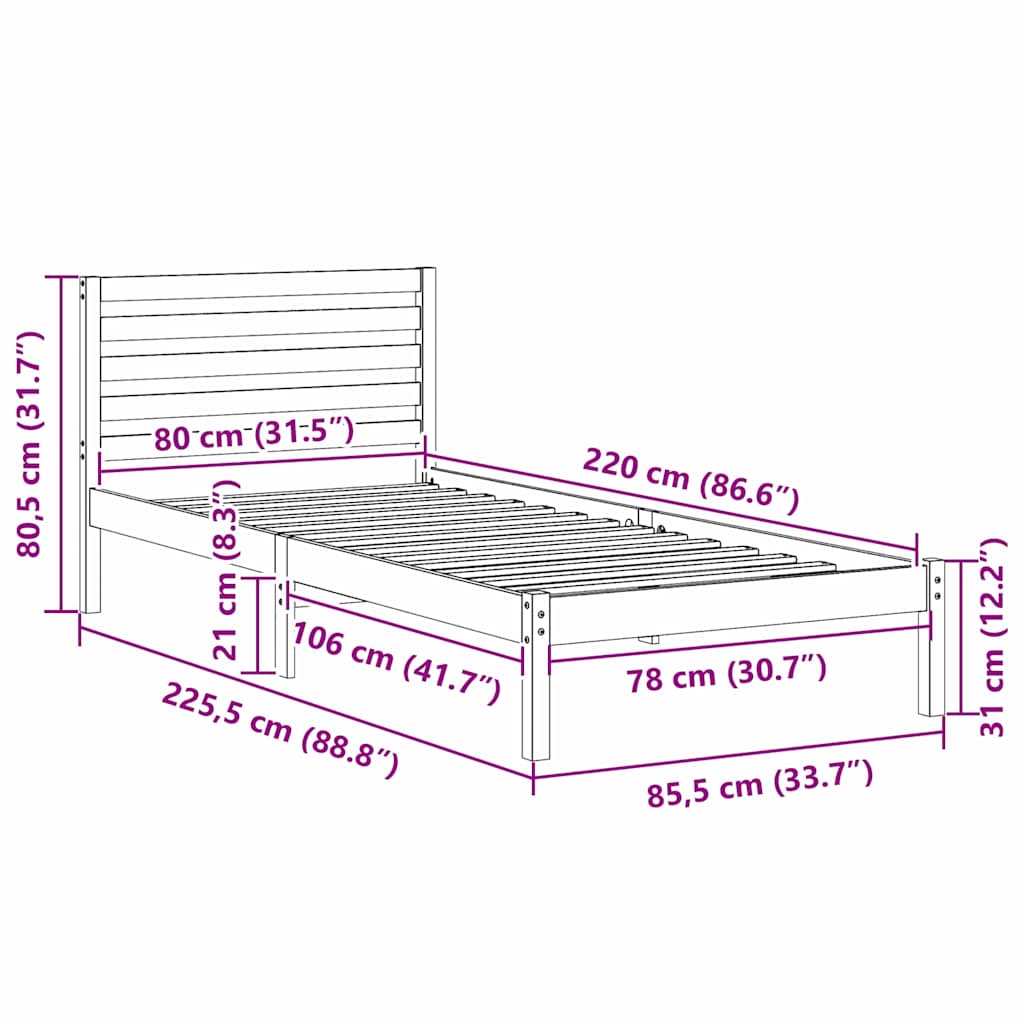 vidaXL Bed Frame with Headboard White 80 x 220 cm Solid Pine Wood