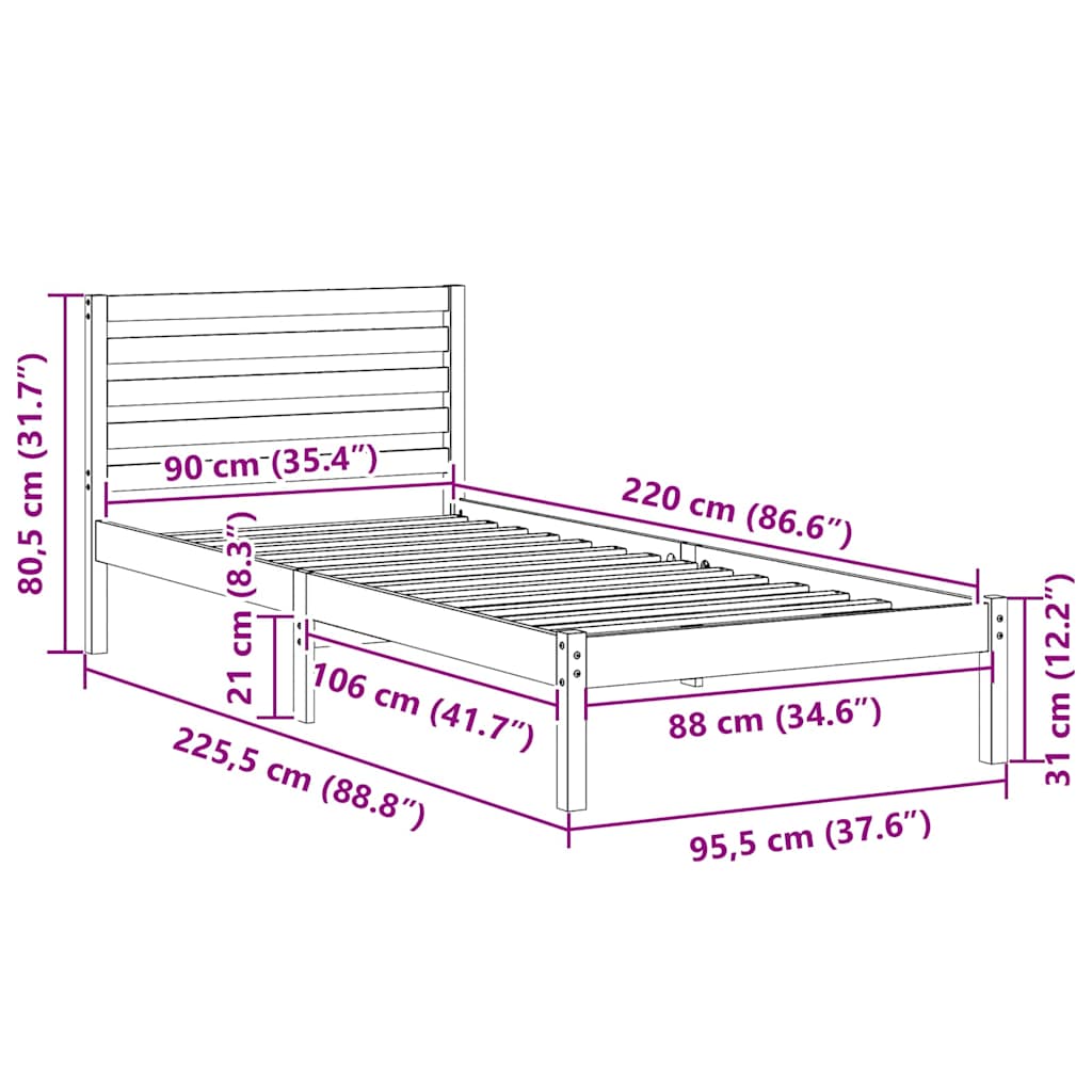 vidaXL Bed Frame with Headboard Wax Brown 90 x 220 cm Solid Pine Wood