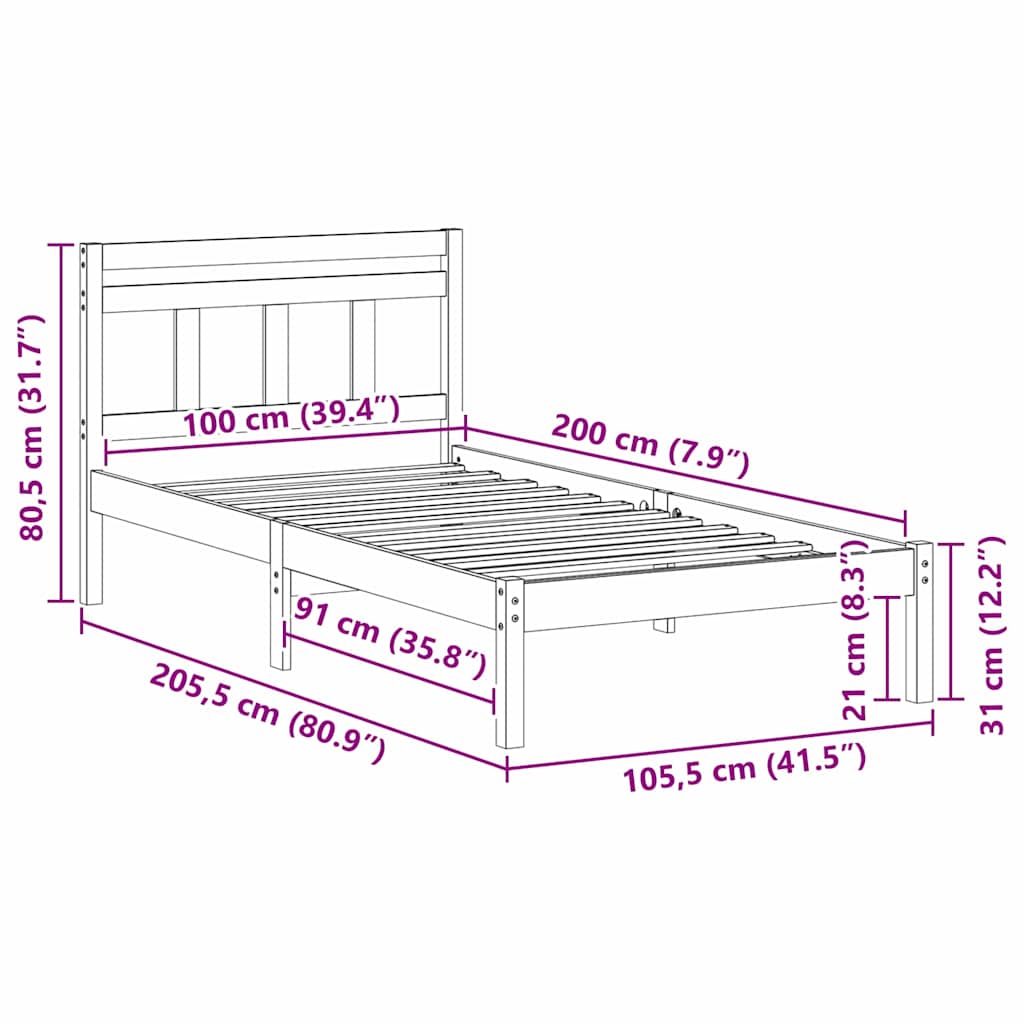 vidaXL Bed Frame Brown 100 x 200 cm Solid Pine Wood