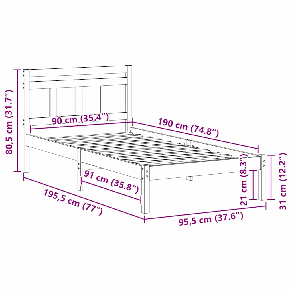 vidaXL Bed Frame White 90 x 190 cm Solid Pine Wood