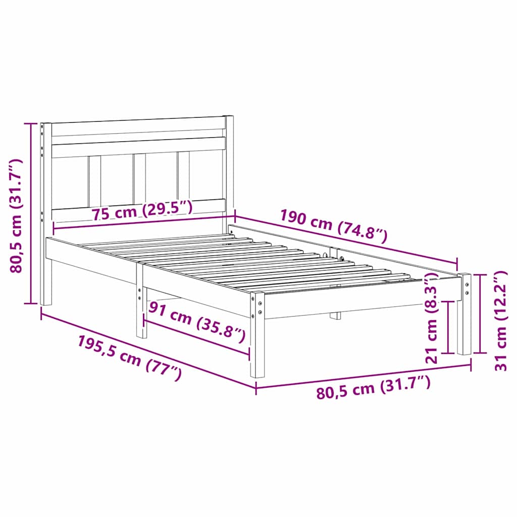 vidaXL Bed Frame White 75 x 190 cm Solid Pine Wood