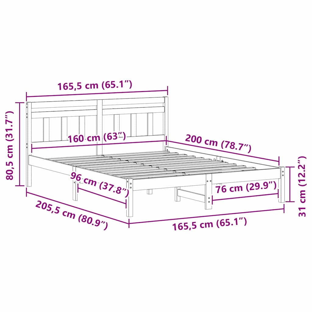 vidaXL Bed Frame Brown 160 x 200 cm Solid Pine Wood