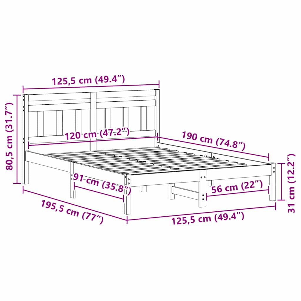 vidaXL Bed Frame Brown 120 x 190 cm Solid Pine Wood
