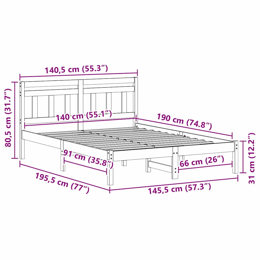 vidaXL Bed Frame Brown 140 x 190 cm Solid Pine Wood