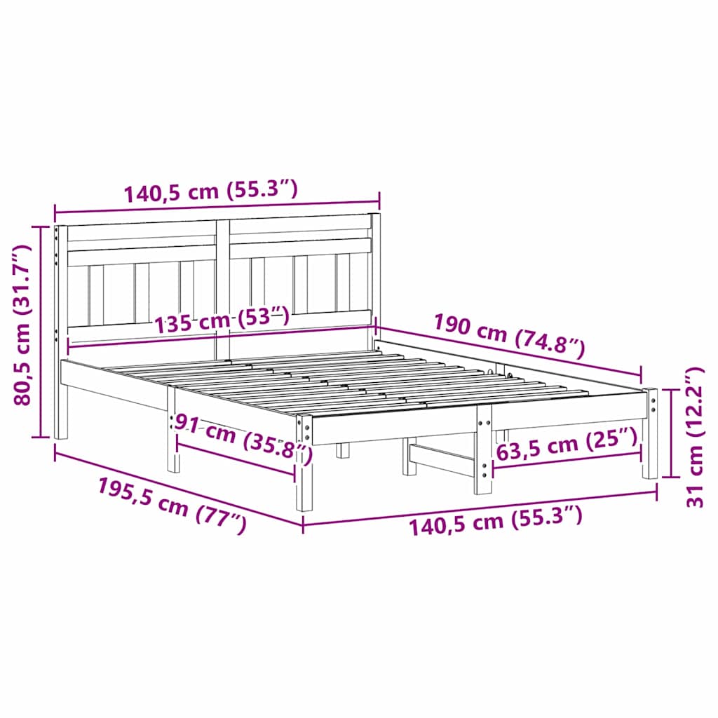 vidaXL Bed Frame Brown 135 x 190 cm Solid Pine Wood