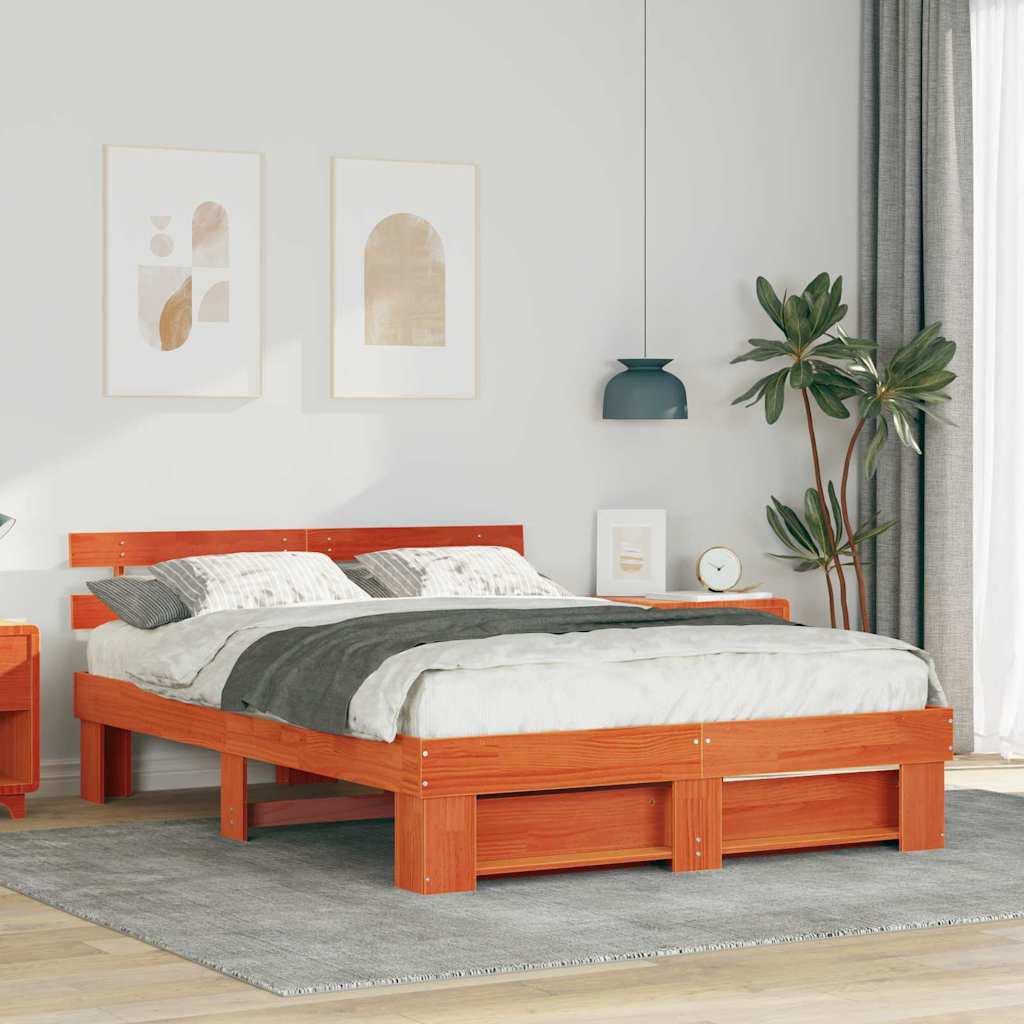 vidaXL Bed Frame with Headboard Wax Brown 160 x 200 cm Solid Pine Wood