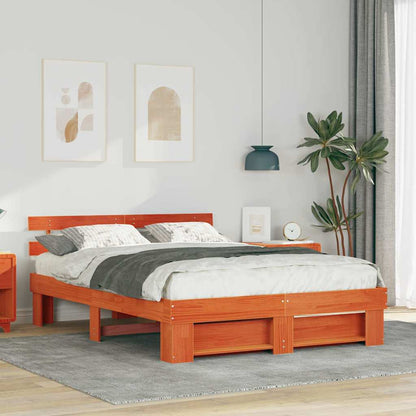 vidaXL Bed Frame with Headboard Wax Brown 160 x 200 cm Solid Pine Wood