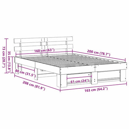 vidaXL Bed Frame with Headboard Wax Brown 160 x 200 cm Solid Pine Wood