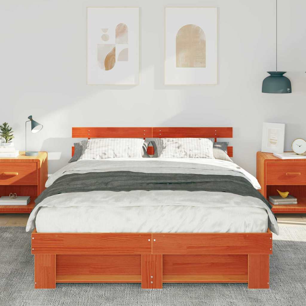 vidaXL Bed Frame with Headboard Wax Brown 140 x 200 cm Solid Pine Wood